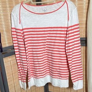 Zenergy by Chicos White Tee with Coral Stripes and Trim